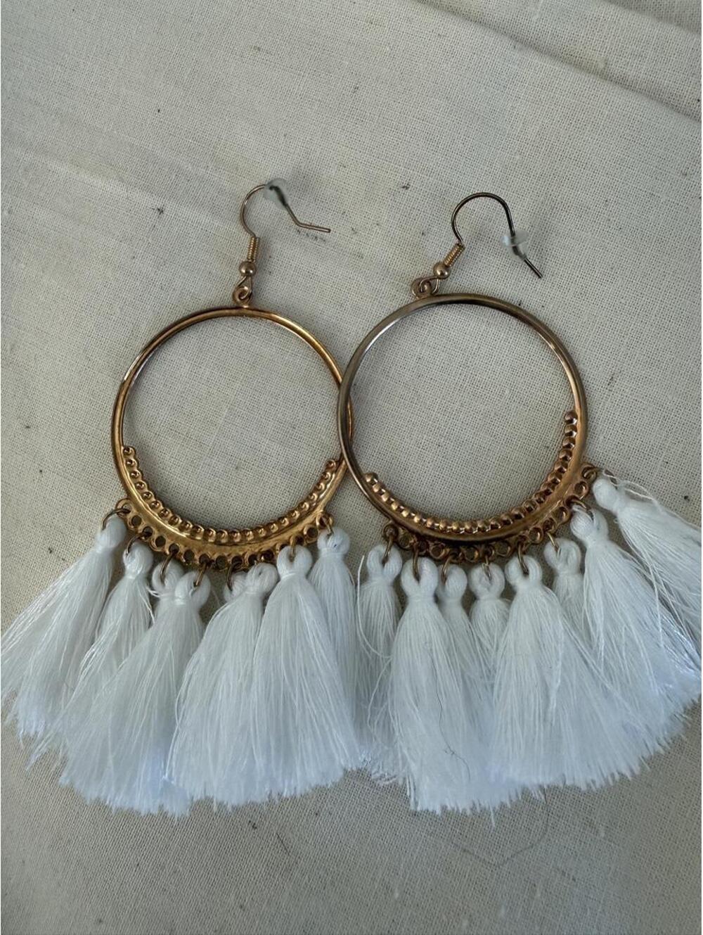 Gold Tone Hoop Tassel Statement Earrings